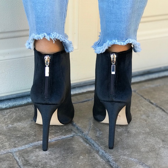 Black Velvet Pointy Toe Stiletto Heel Ankle Boots - Picture 5 of 8